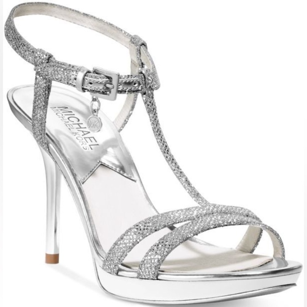 Michael Kors Yvonne Platform Silver T-Strap Open Toe Heels